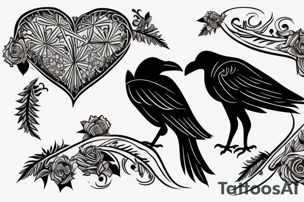 Two crows embracing with a heart in front of them with J.S.inside the heart tattoo idea
