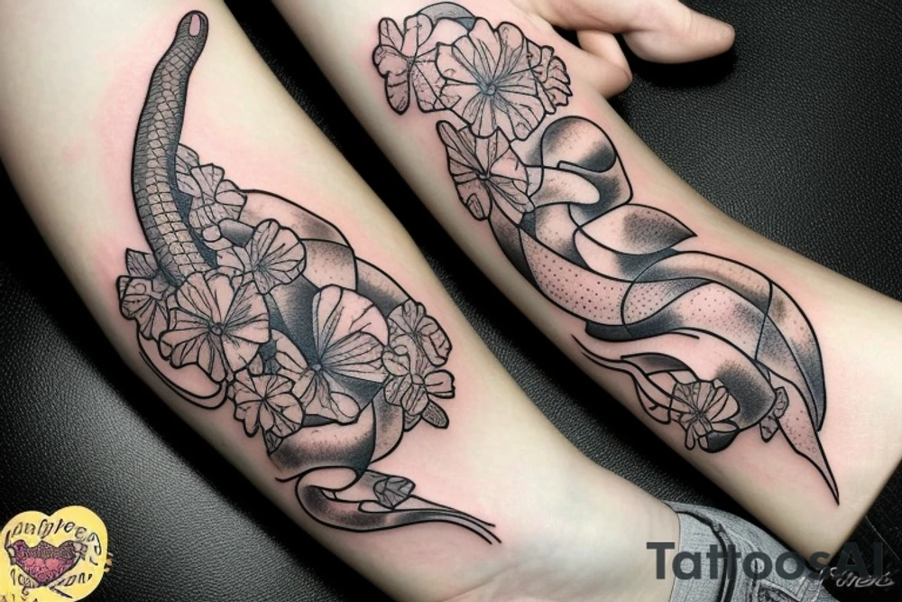 Snake with marigolds and sweetpeas tattoo idea