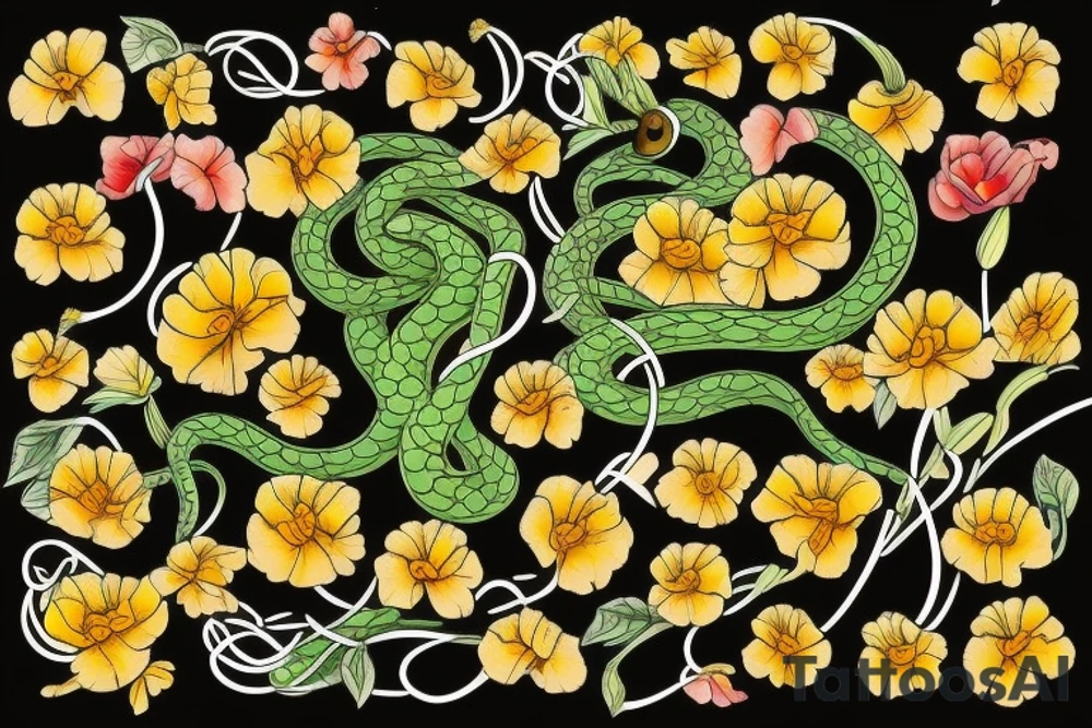 Snake with marigolds and sweetpeas tattoo idea