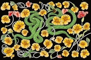Snake with marigolds and sweetpeas tattoo idea