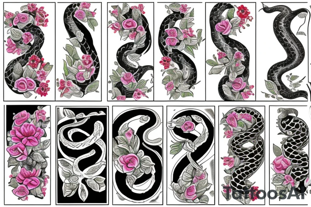Snake around flowers tattoo idea