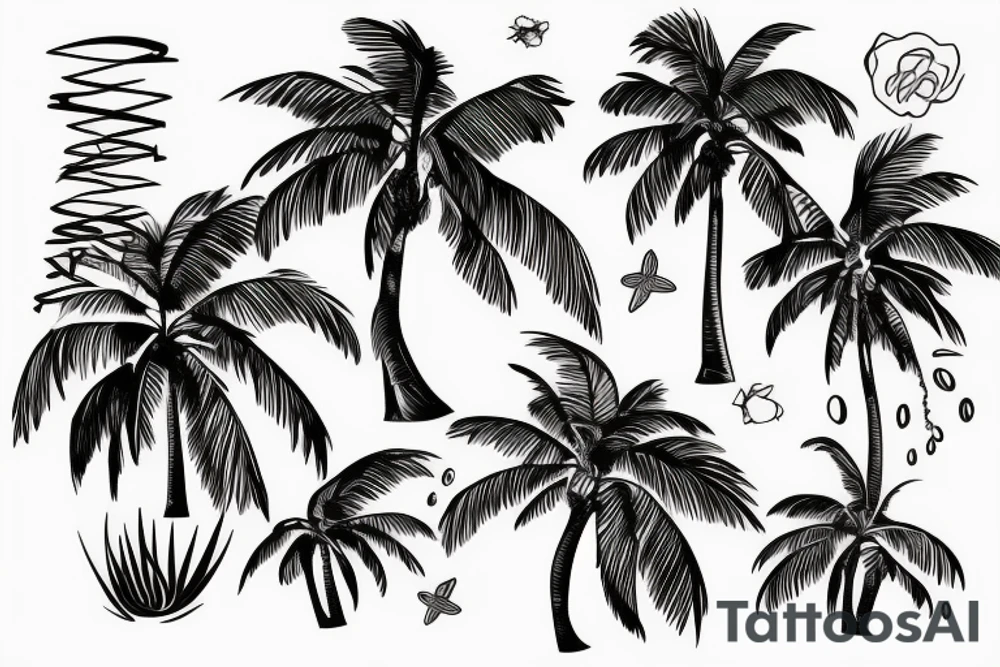 Palm trees and water and flowers tattoo idea