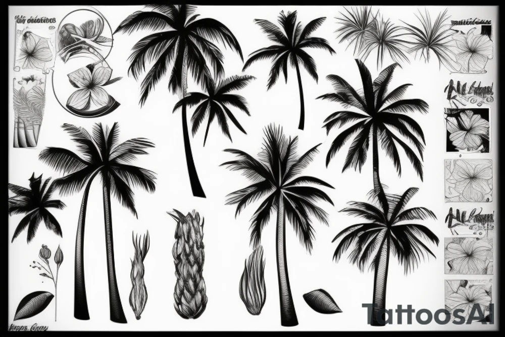 Palm trees and water and flowers tattoo idea