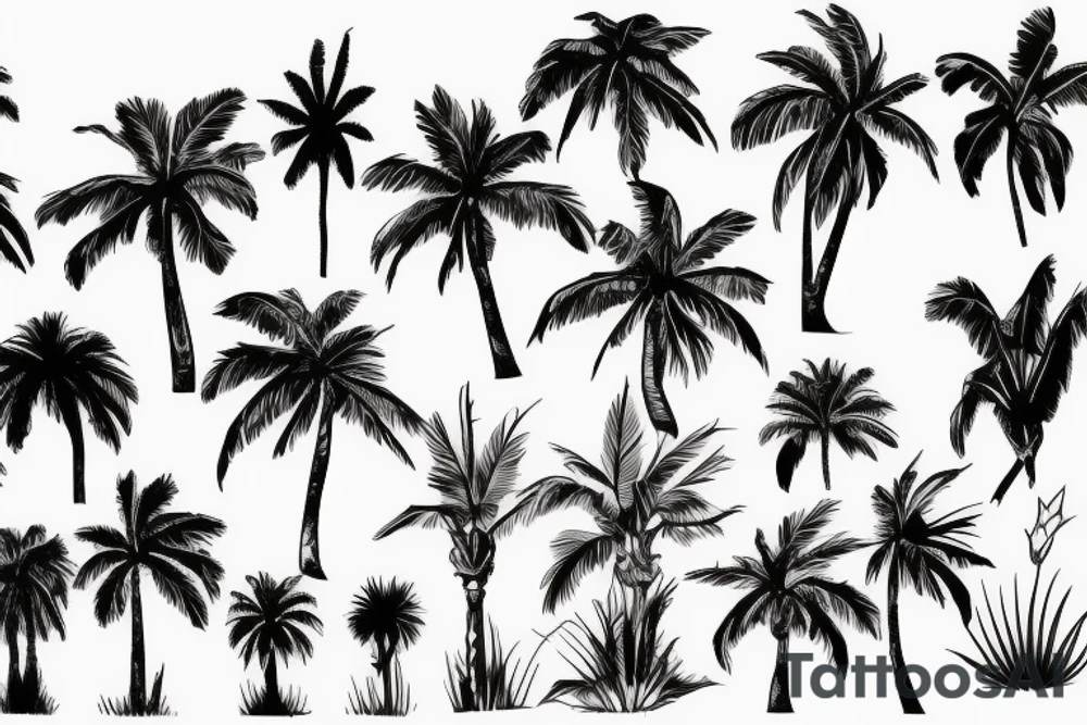 Palm trees and water and flowers tattoo idea