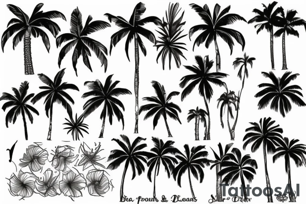Palm trees and water and flowers tattoo idea