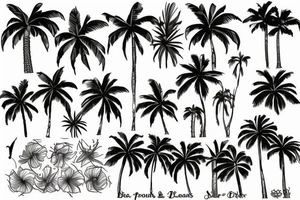Palm trees and water and flowers tattoo idea