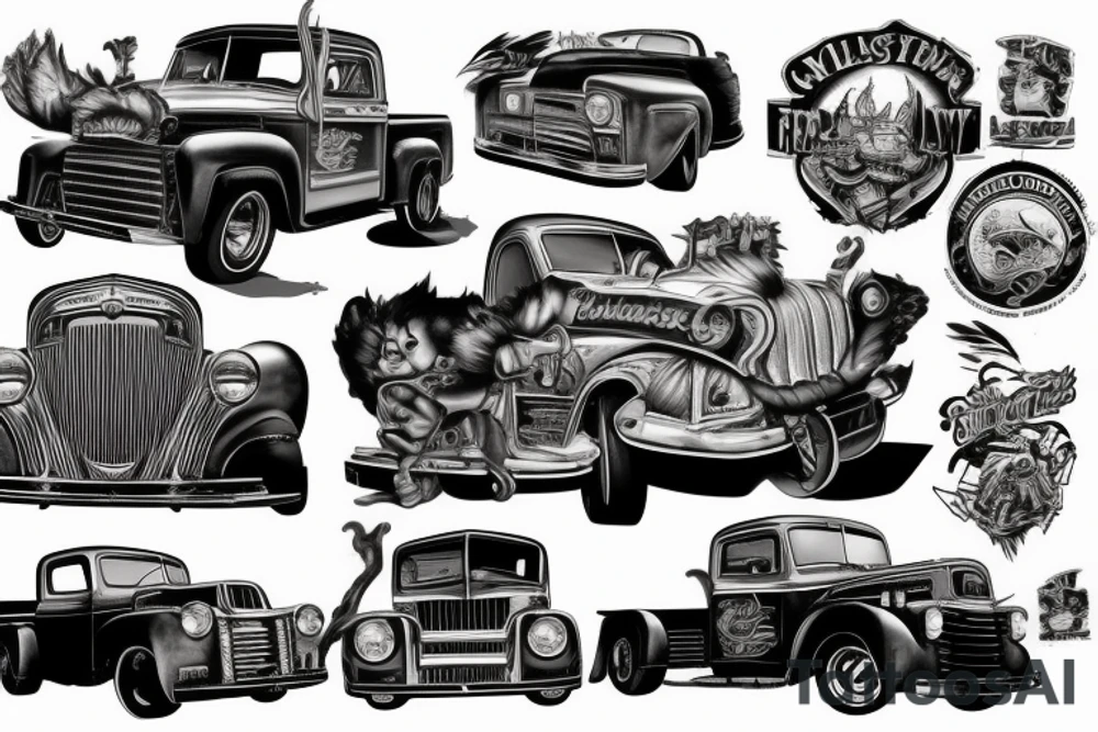 Classic Truck with large engine,  flames on the side, and whitewall tires tattoo idea