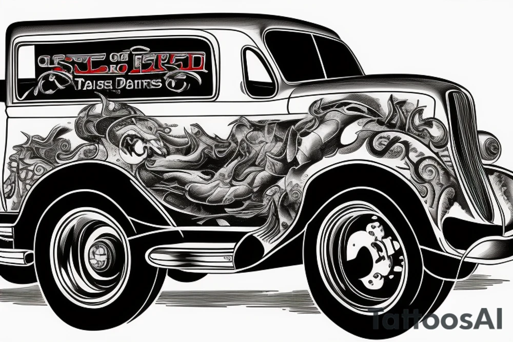Classic Truck with large engine,  flames on the side, and whitewall tires tattoo idea
