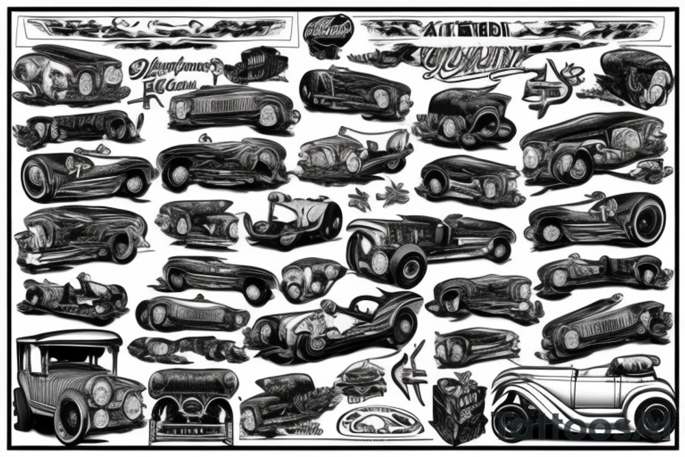 ford model t bucket hot rod with large engine,  flames on the side, and whitewall tires tattoo idea