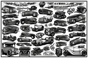 ford model t bucket hot rod with large engine,  flames on the side, and whitewall tires tattoo idea