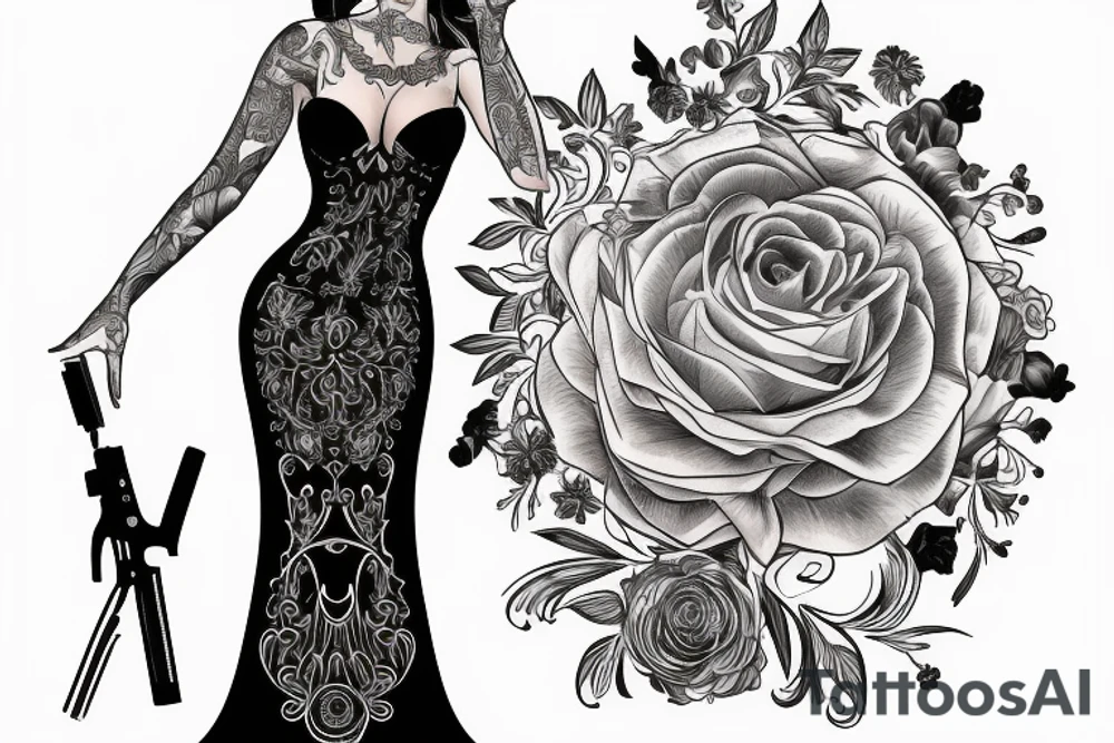 Beautiful woman in an evening gown holding a semiautomatic pistol tattoo idea