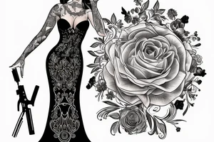 Beautiful woman in an evening gown holding a semiautomatic pistol tattoo idea