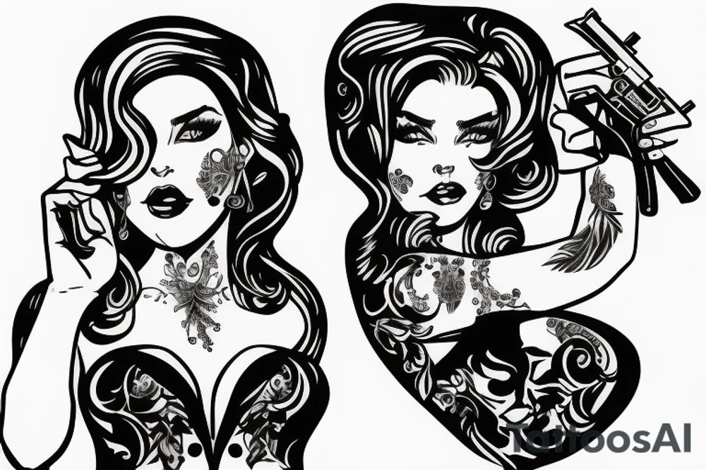 Beautiful woman in an evening gown holding a semiautomatic pistol tattoo idea