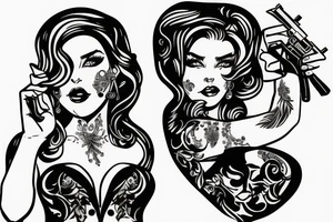 Beautiful woman in an evening gown holding a semiautomatic pistol tattoo idea