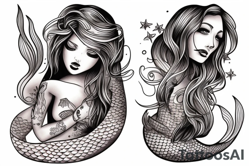 female mermaid with long hair and rectangle breasts tattoo idea