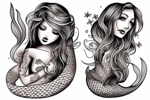female mermaid with long hair and rectangle breasts tattoo idea