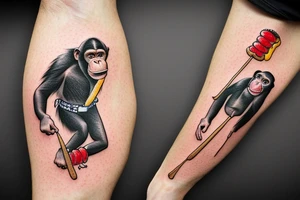A chimpanzee, holding a hotdog with mustard while riding a cowboys horse tattoo idea