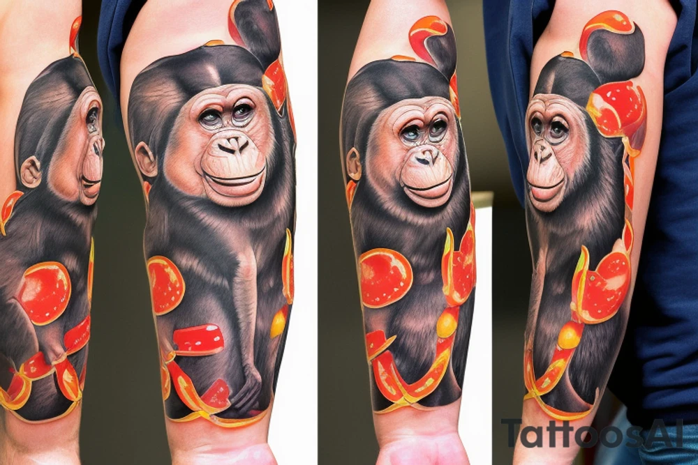 A chimpanzee, holding a hotdog with mustard while riding a cowboys horse tattoo idea