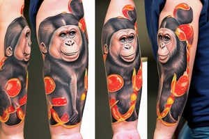 A chimpanzee, holding a hotdog with mustard while riding a cowboys horse tattoo idea