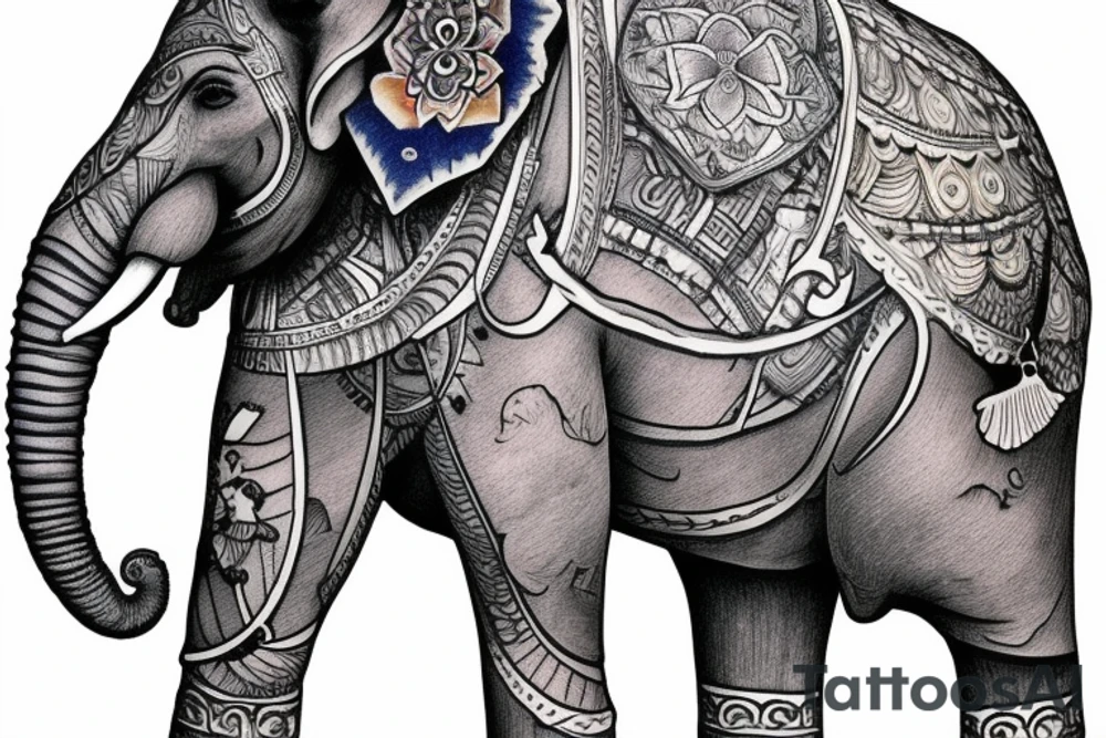 an Indian elephant standing upright wearing levi blue jeans and smoking a pipe tattoo idea