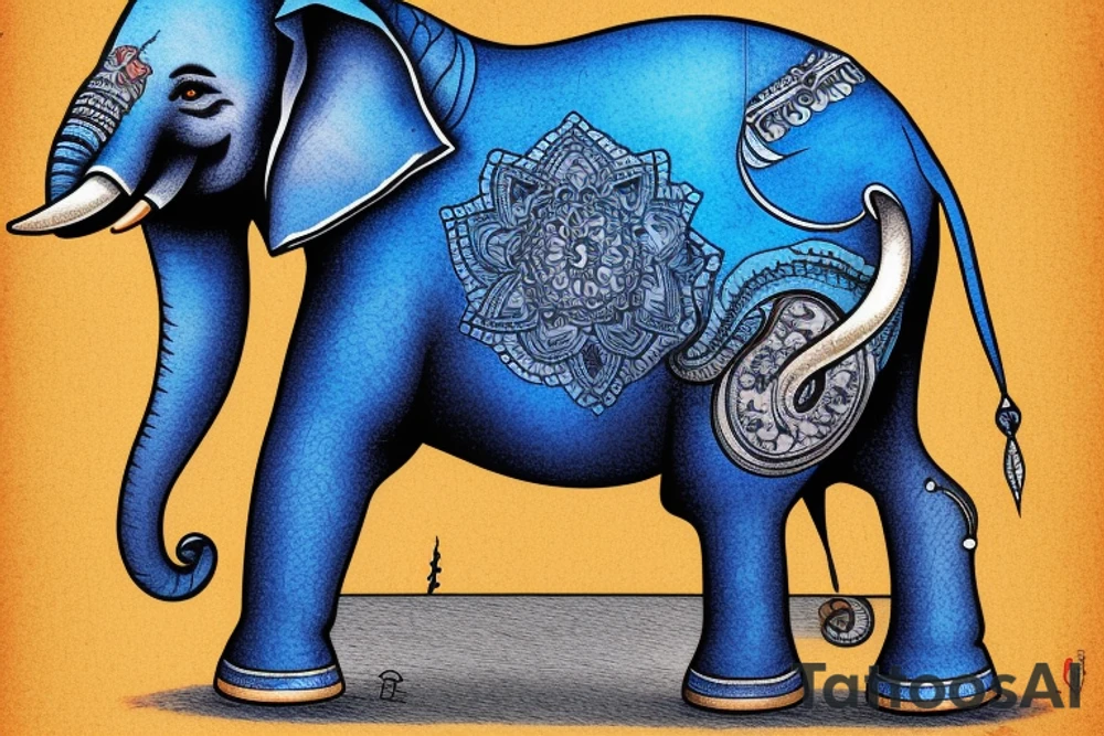 an Indian elephant standing upright wearing levi blue jeans and smoking a pipe tattoo idea