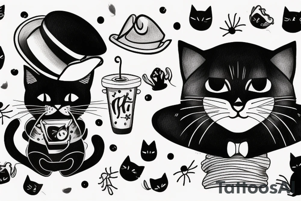 black cat with a funny hat wearing a sweater tattoo idea