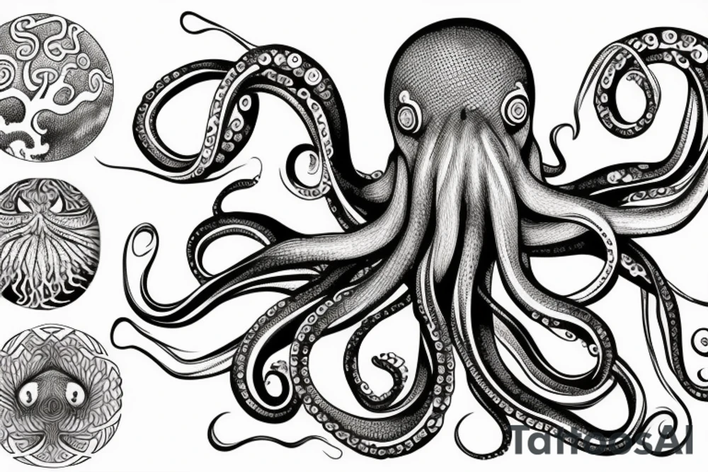 Octopus taking with its tentacles a sphere that contains within the tree of life tattoo idea