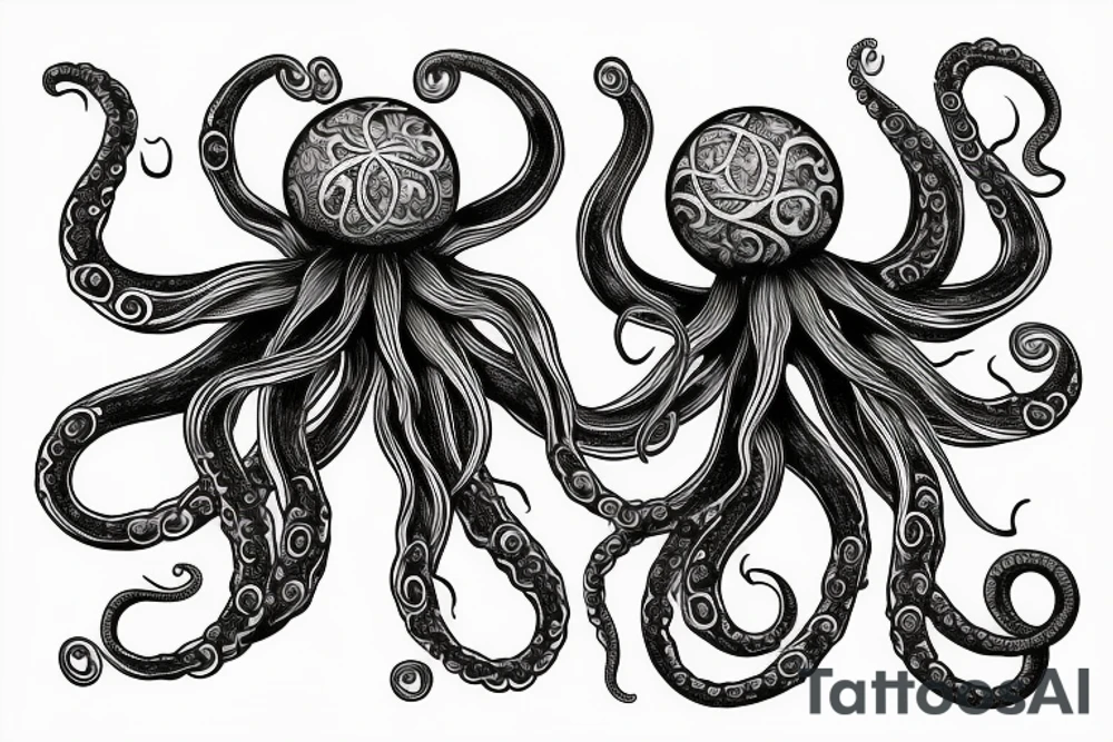 Octopus taking with its tentacles a sphere that contains within the tree of life tattoo idea