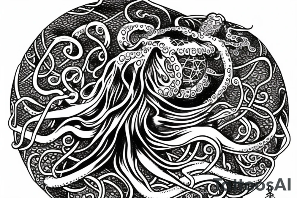 Octopus taking with its tentacles a sphere that contains within the tree of life tattoo idea