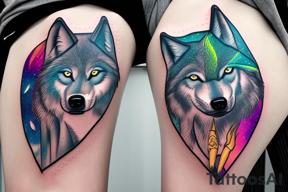 A wolf with a pelican with an aurora borealis tattoo idea