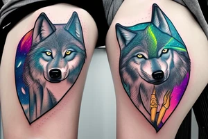 A wolf with a pelican with an aurora borealis tattoo idea