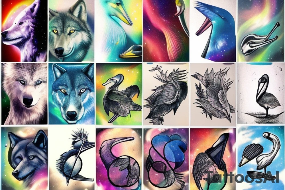 A wolf with a pelican with an aurora borealis tattoo idea