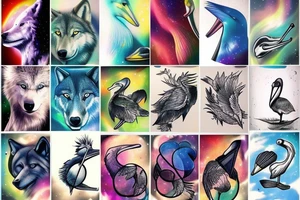 A wolf with a pelican with an aurora borealis tattoo idea
