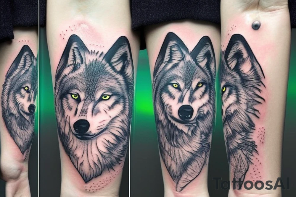A wolf with a pelican with an aurora borealis tattoo idea