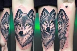 A wolf with a pelican with an aurora borealis tattoo idea
