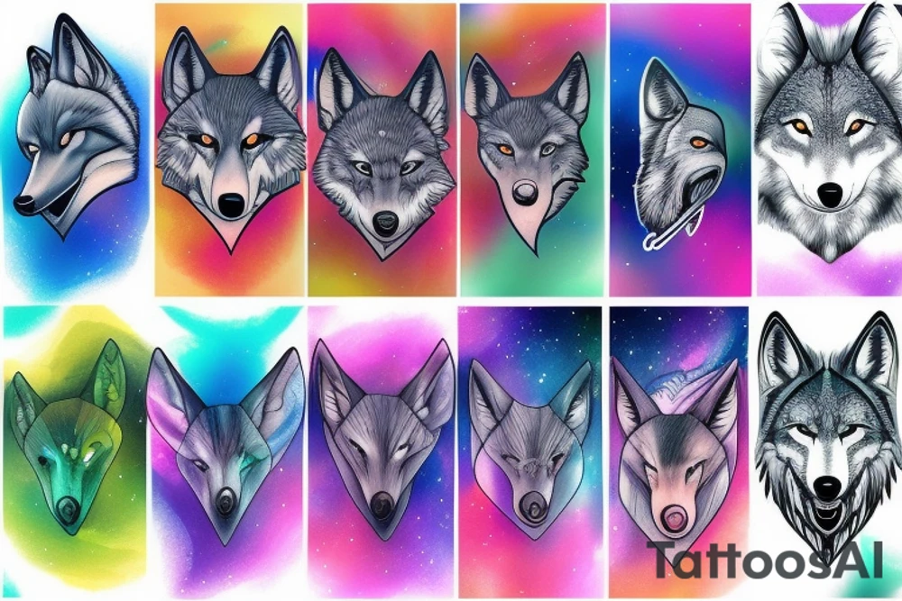 A wolf with a pelican with an aurora borealis tattoo idea