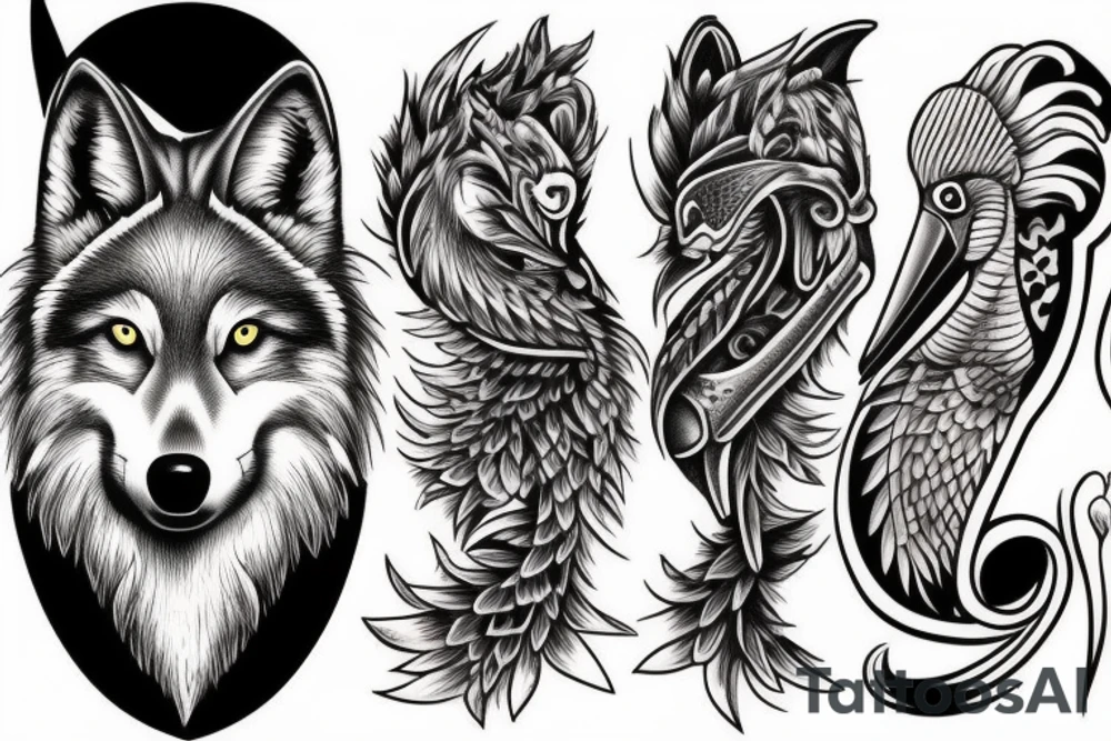 A wolf with a pelican tattoo idea