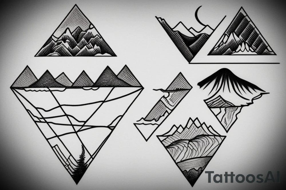 Sunrise over mountains in on triangle. Sunset over ocean in another triangle tattoo idea