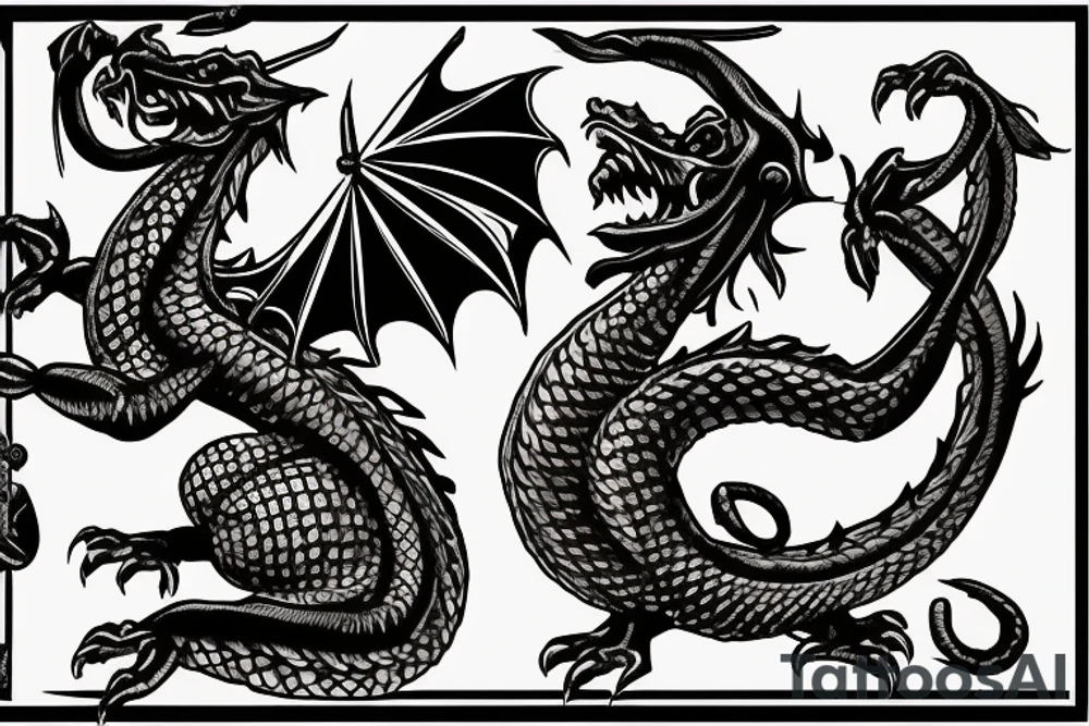 a welsh  dragon with a bass clef along side it. 3 playing cards, an ace, king, and jack. on the front of the ace it has a small seabee logo. This should be a forearm sleeve all wrapped together tattoo idea
