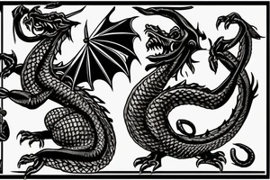 a welsh  dragon with a bass clef along side it. 3 playing cards, an ace, king, and jack. on the front of the ace it has a small seabee logo. This should be a forearm sleeve all wrapped together tattoo idea