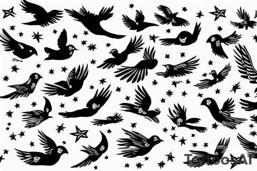 Flying Bird surrounded by stars tattoo idea