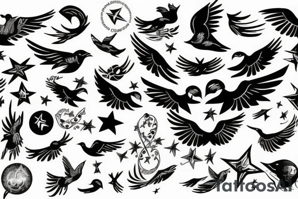Flying Bird surrounded by stars tattoo idea