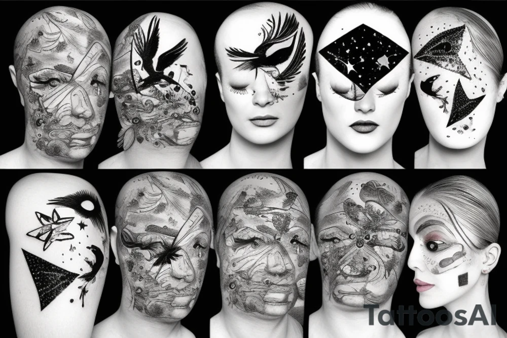 Flying Bird with human face surrounded by stars tattoo idea