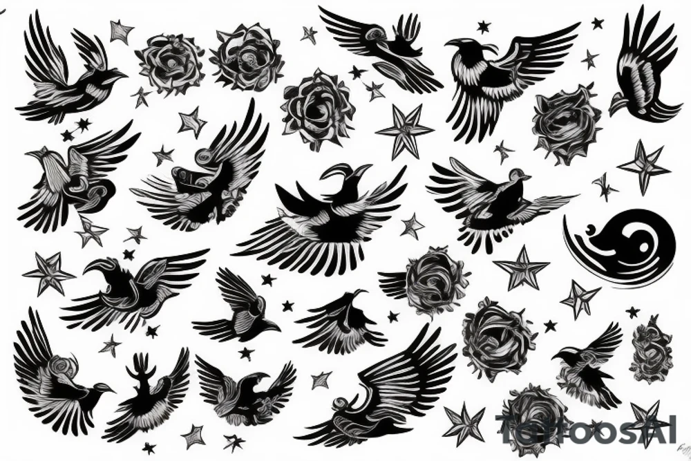Flying Bird with human face surrounded by stars tattoo idea