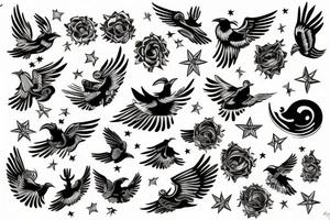 Flying Bird with human face surrounded by stars tattoo idea