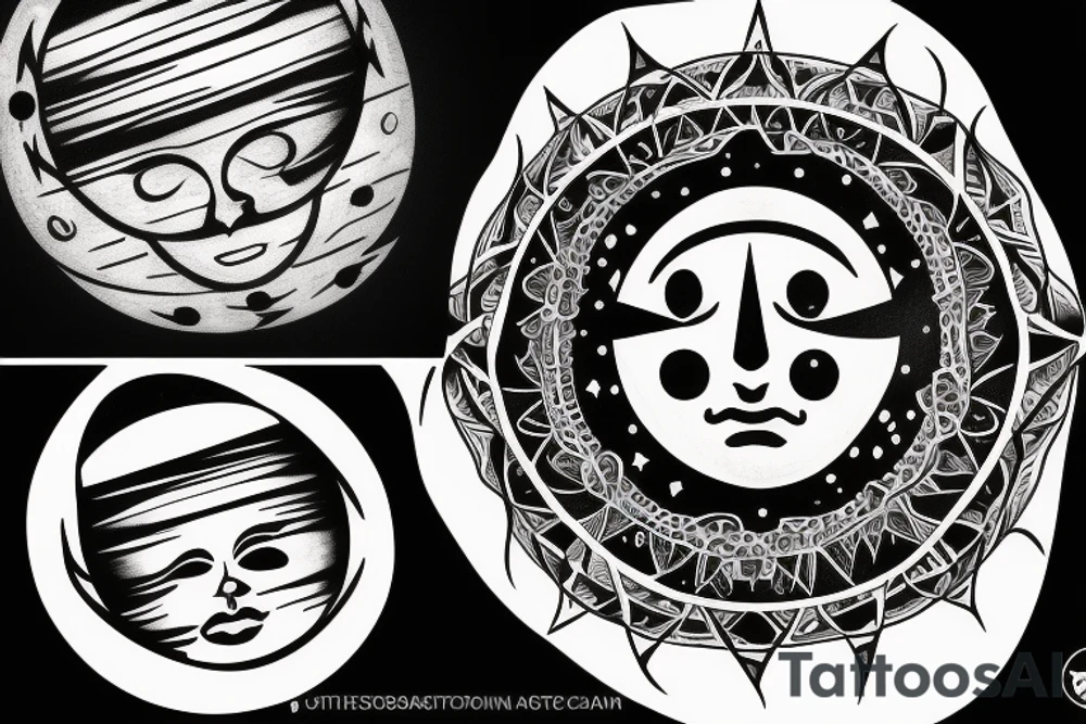 Cresent moon with a face looking up to the side.
A sun with a face looking down. tattoo idea Cresent moon with a face looking up to the side.
A sun with a face looking down. tattoo idea