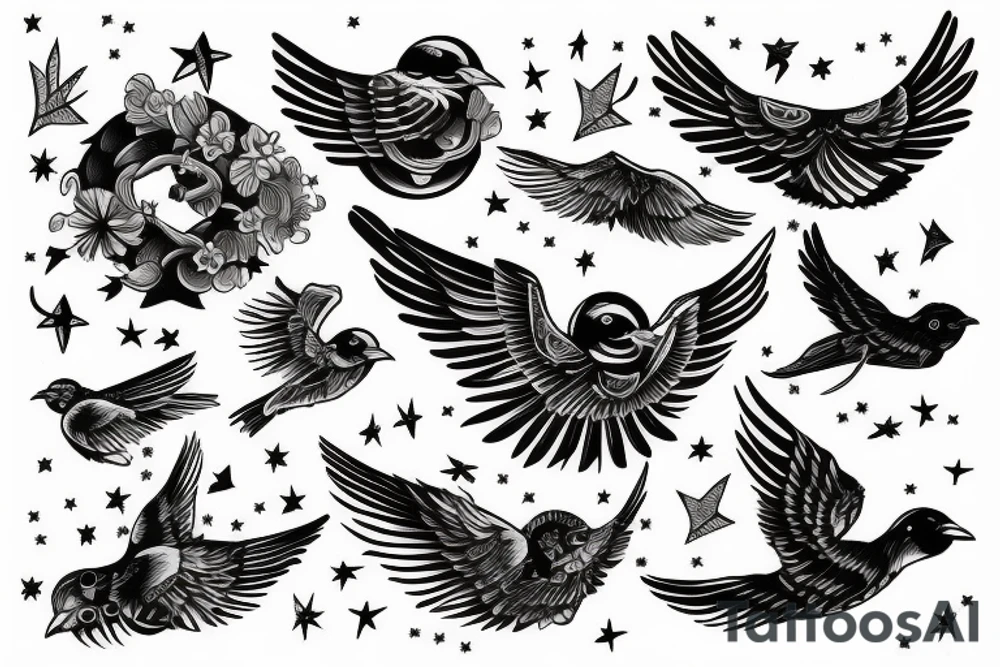 Flying Bird with human face surrounded by stars tattoo idea Flying Bird with human face surrounded by stars tattoo idea