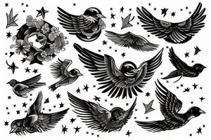 Flying Bird with human face surrounded by stars tattoo idea