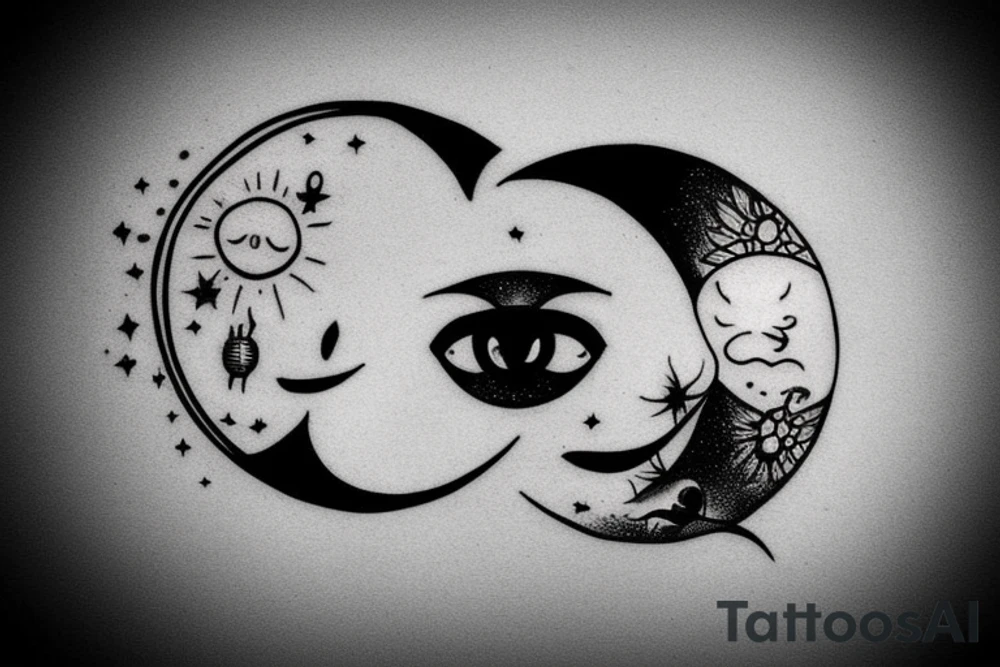 Cresent moon with a face looking up to the side.
A sun with a face looking down. tattoo idea