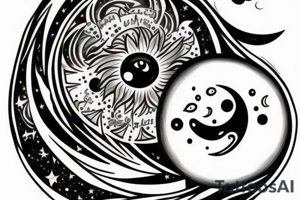 Cresent moon with a face looking up to the side.
A sun with a face looking down. tattoo idea Cresent moon with a face looking up to the side.
A sun with a face looking down. tattoo idea